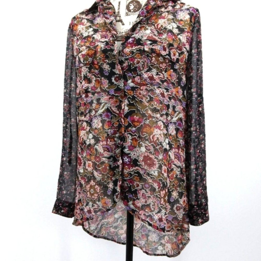 BAND OF GYPSIES Semi Sheer Floral Boho Button Down Blouse - Medium
